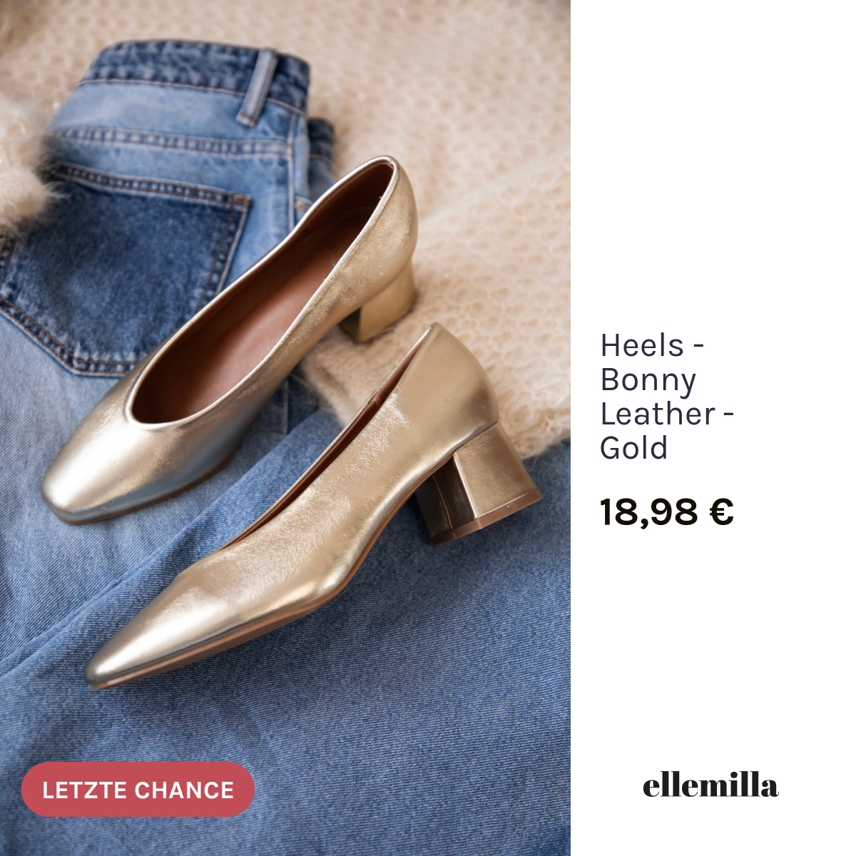 Ellemilla gold heels catalog ad with Last Chance badge and layflat lifestyle photo