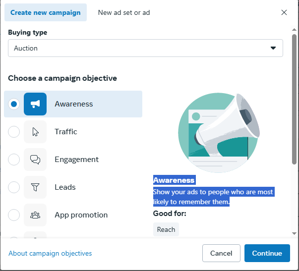 brand awareness campaign Facebook setup