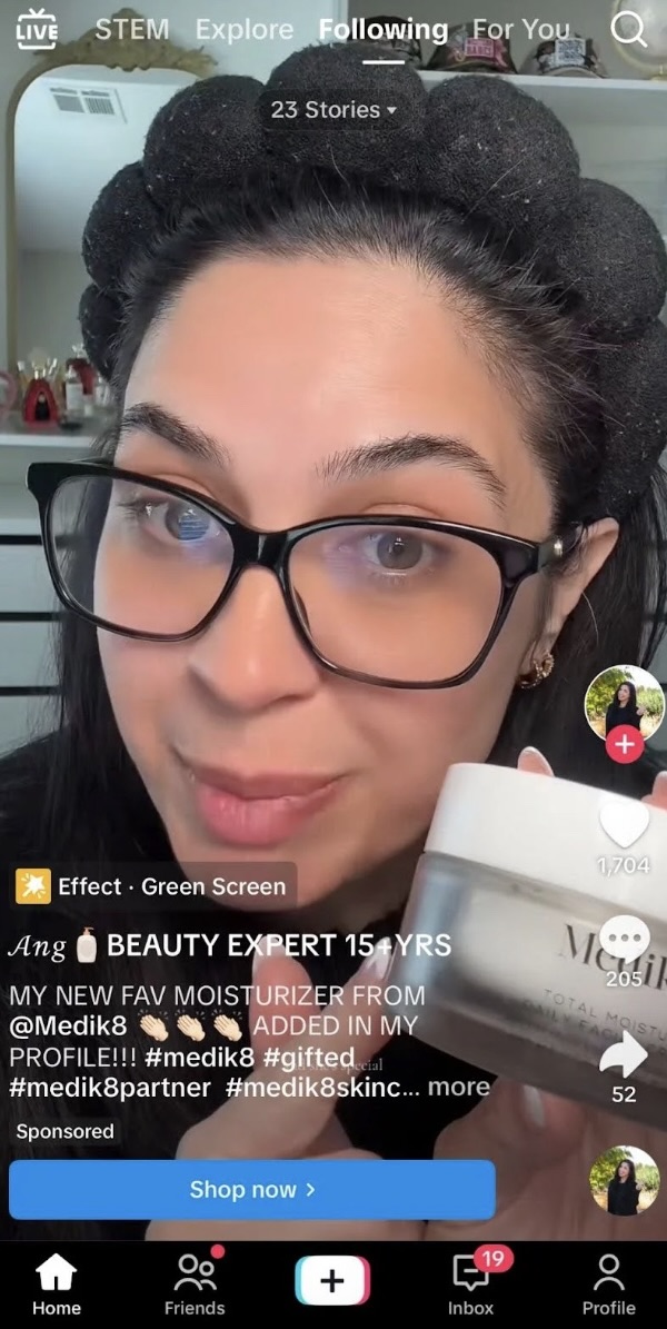 TikTok shoppable video ad example featuring skincare product with Shop Now button