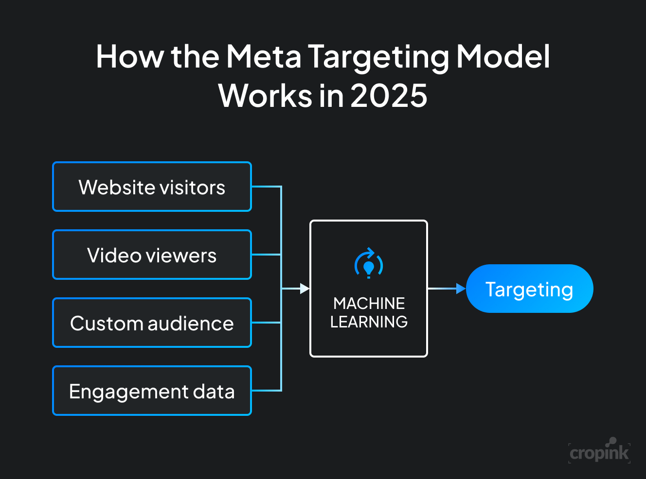 Illustration of the Meta targeting model showing website visitors, video viewers, custom audiences, and engagement data feeding into machine learning for ad targeting.