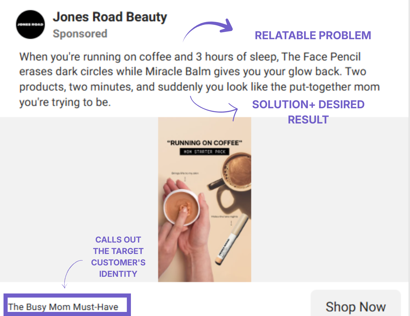 Jones Road Beauty Facebook ad copy example calling out the target audience's identity