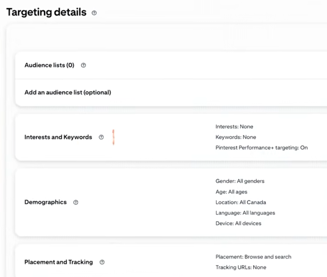 Pinterest DPA targeting settings 